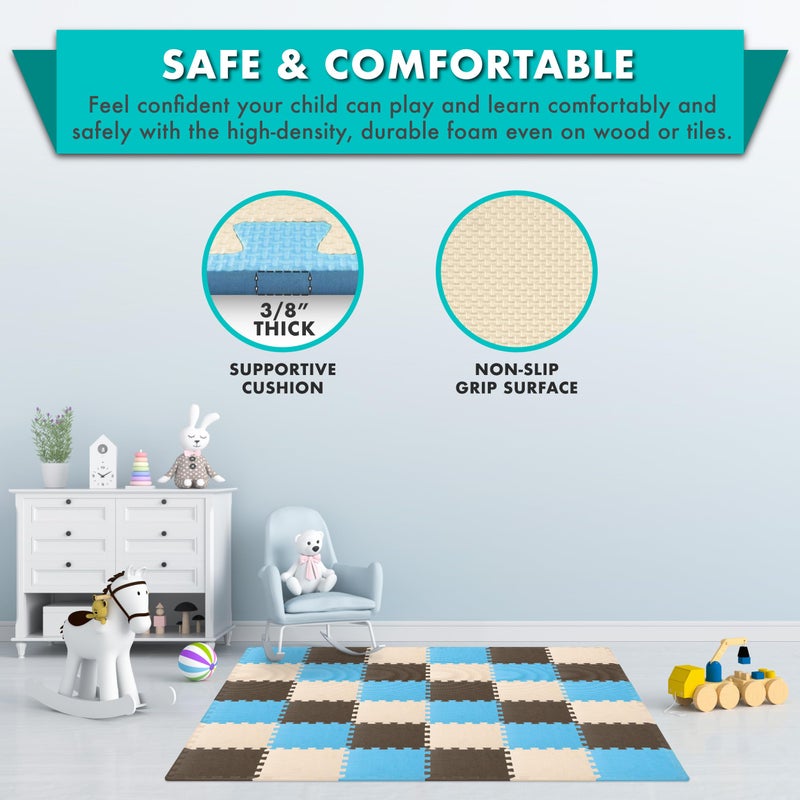 ProSource Foam Puzzle Floor Play Mat for Kids and Babies with Solid Colors, 36 or 16 Interlocking Tiles with Borders, Blue/Brown/Beige - Image 4