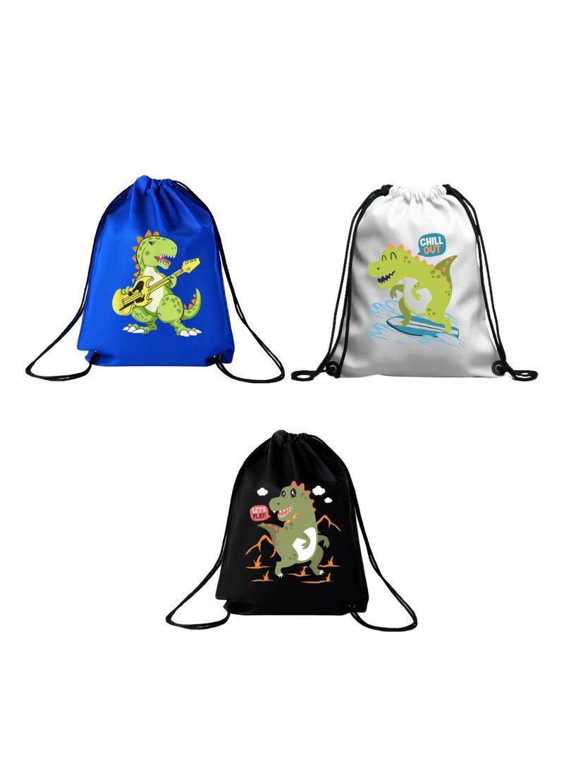 PRINTSHOP4ME Pack Of 3 Drawstring Bags With Dino Design For Boys-Durable Sports Backpack For Kids,Great For School And Everyday Use,Lightweight With Dino Print For Everyday Use - Image 1