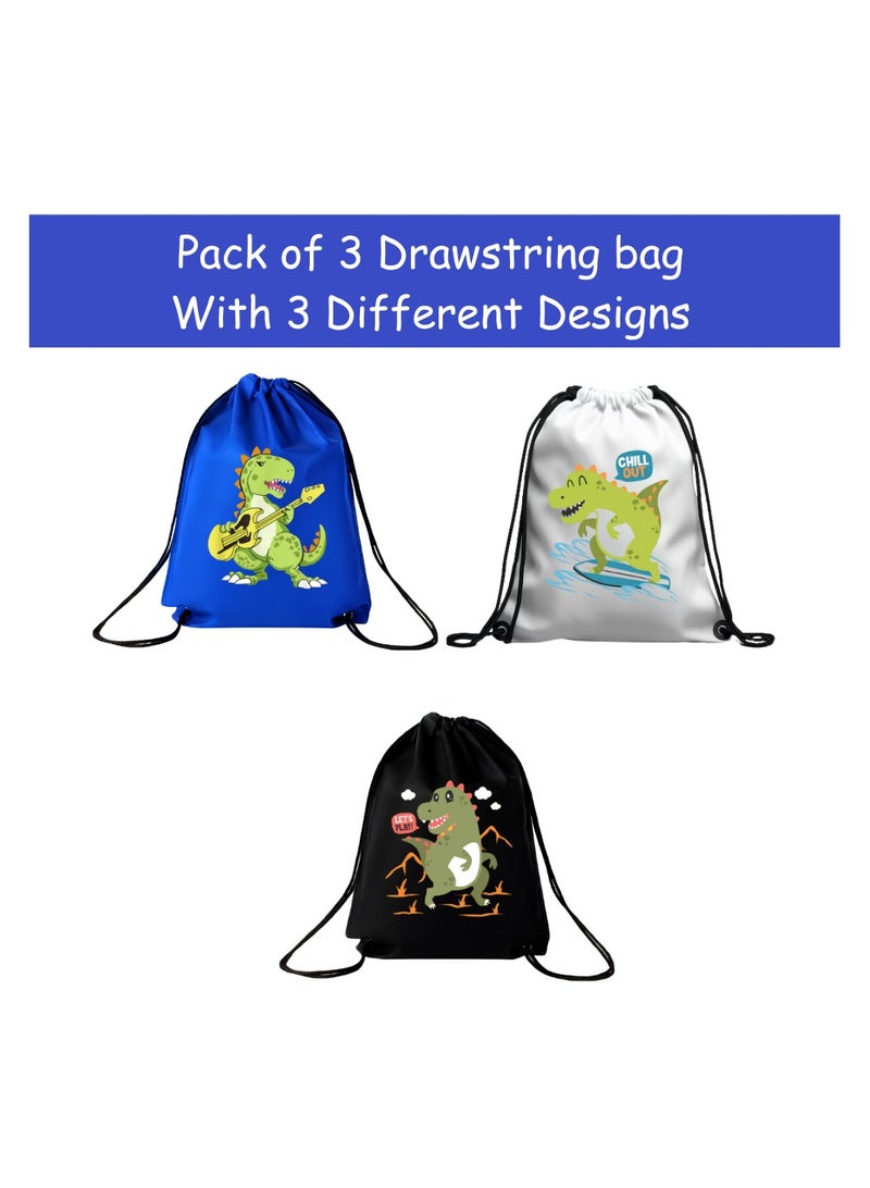 PRINTSHOP4ME Pack Of 3 Drawstring Bags With Dino Design For Boys-Durable Sports Backpack For Kids,Great For School And Everyday Use,Lightweight With Dino Print For Everyday Use - Image 2