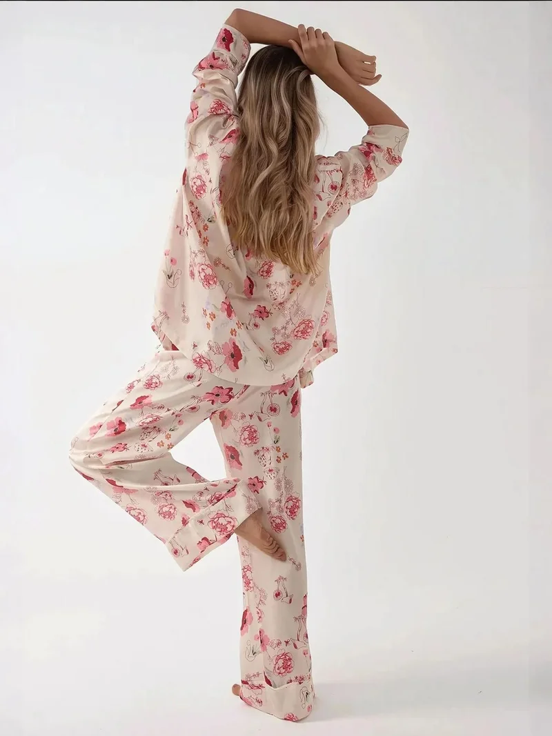 HICCUP Printed Satin Pajama Set with Shirt Collar