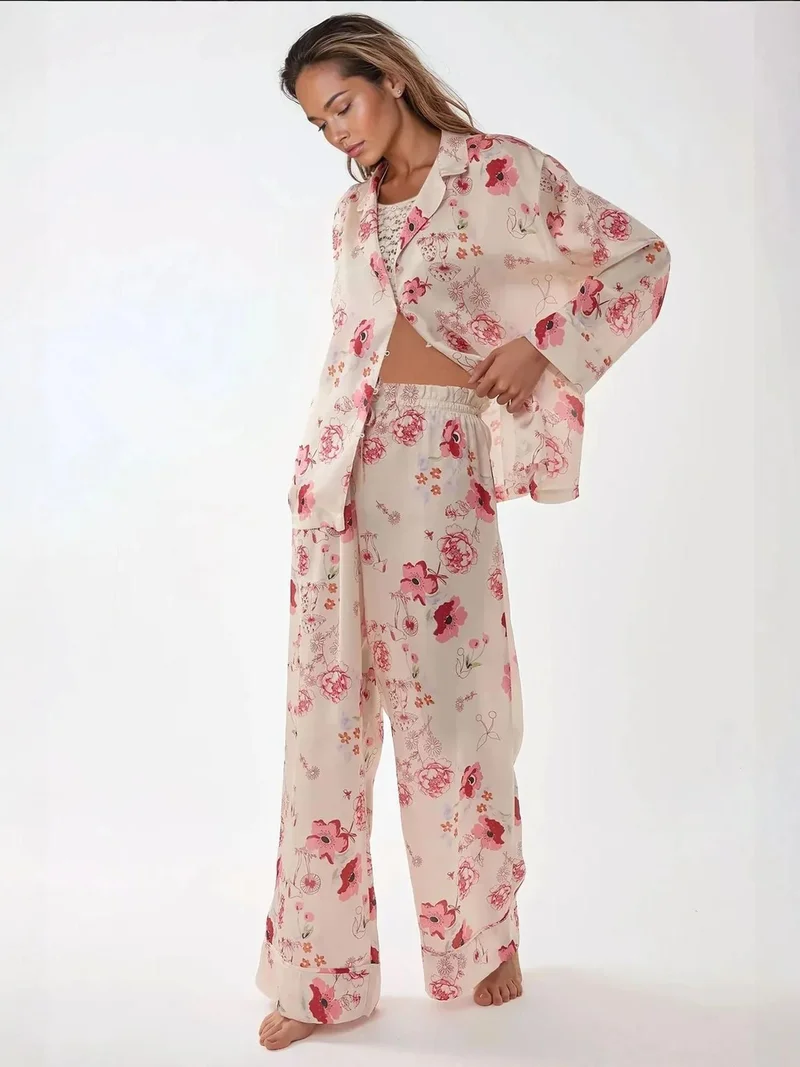 HICCUP Printed Satin Pajama Set with Shirt Collar