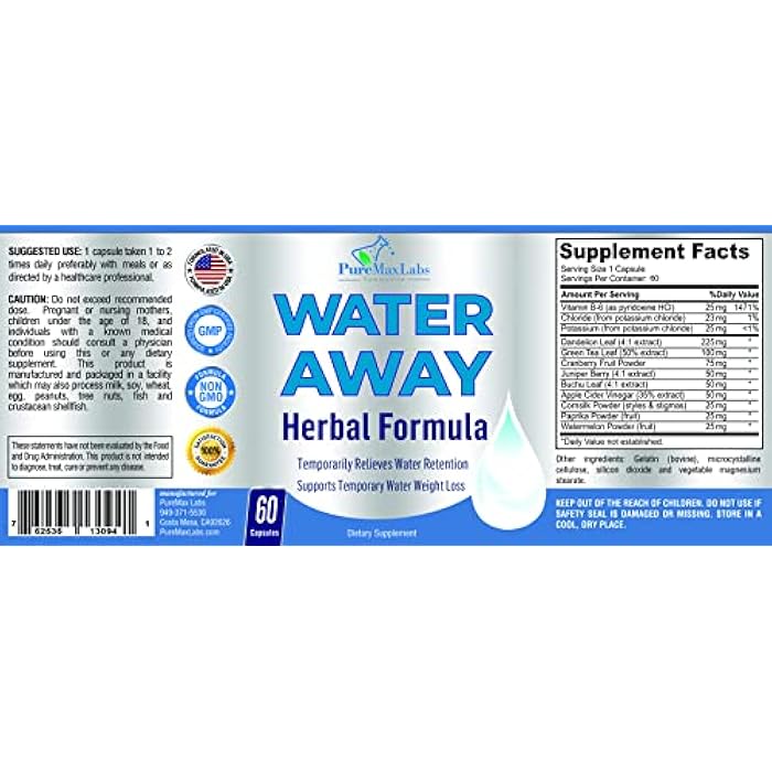 YUMMYVITE Water Away Gentle Herbal Diuretic - Natural Diuretic Water Pills - Relieve Bloating, Reduce Excess Water Weight with Dandelion Leaf, Green Tea, Detox Cleanse & Urinary Health. Non-GMO, 60 Capsules - Image 5