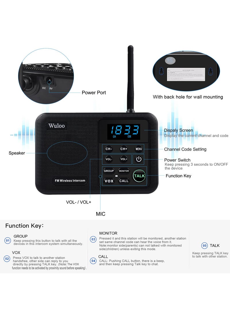 Wuloo Wuloo Intercoms Wireless for Home 1 Mile Range 22 Channel 100 Digital Code Display Screen, Wireless Intercom System for Home House Business Office, Room to Room Intercom Communication(3Stations Black)  - Image 5