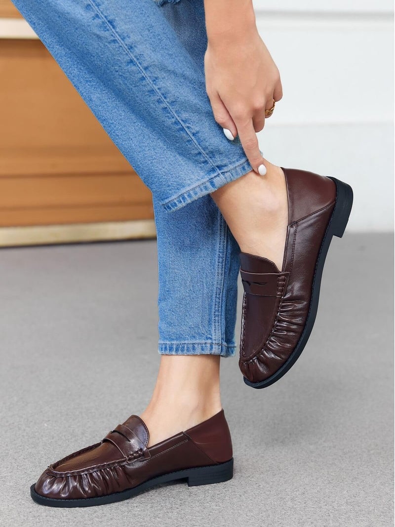 Coutgo Penny Loafers for Women Comfortable Slip on Shoes Collapsible Heel Closed Toe Dressy Casual Work Flats, Chocolate, Size 6 - Image 3