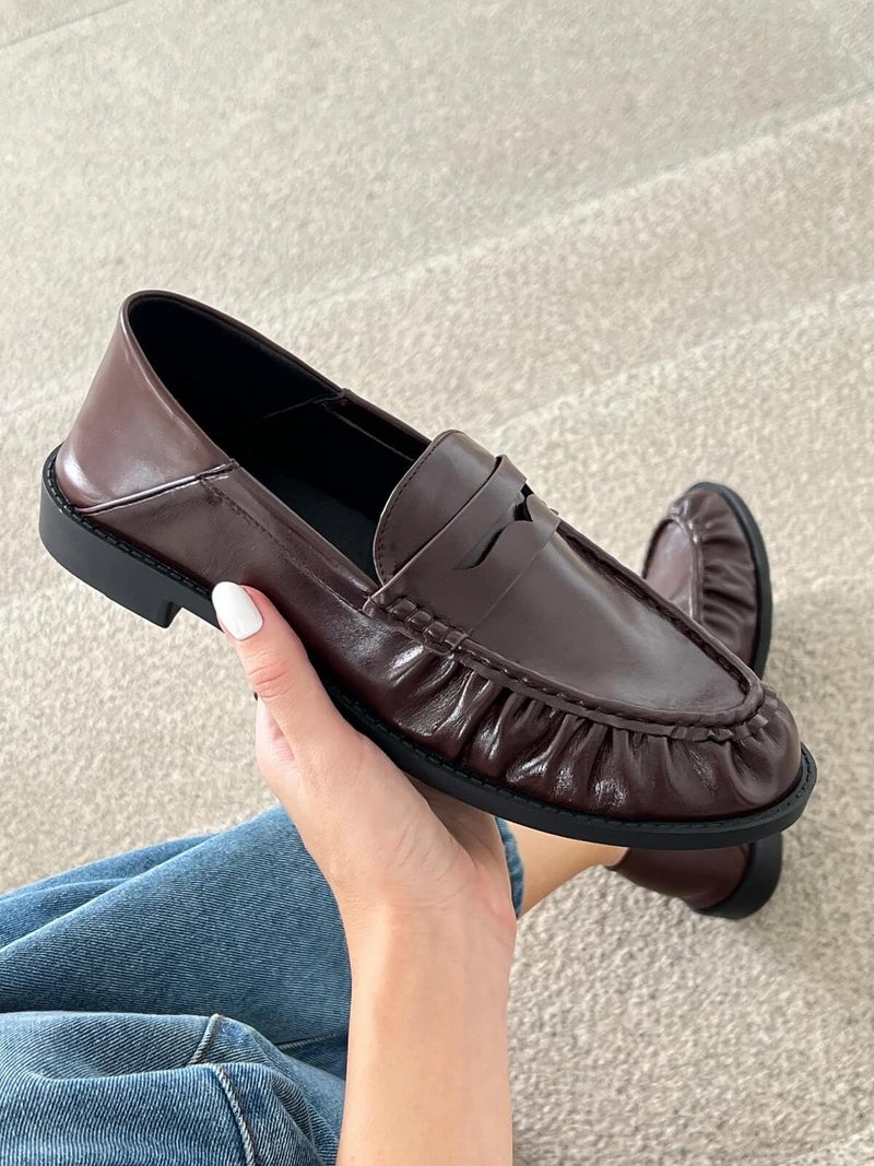 Coutgo Penny Loafers for Women Comfortable Slip on Shoes Collapsible Heel Closed Toe Dressy Casual Work Flats, Chocolate, Size 6 - Image 2