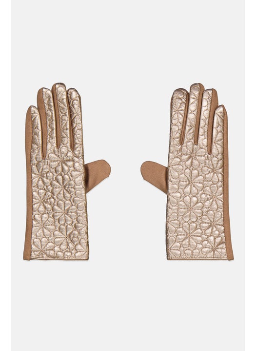 Women 1 Pair Flower Quilted Puffer Gloves, Gold