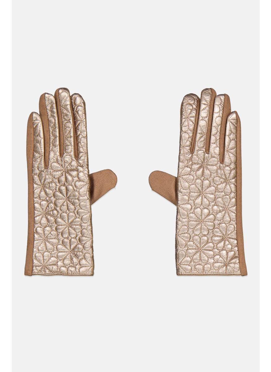 Justin Gregory - Women 1 Pair Flower Quilted Puffer Gloves, Gold - Image 1