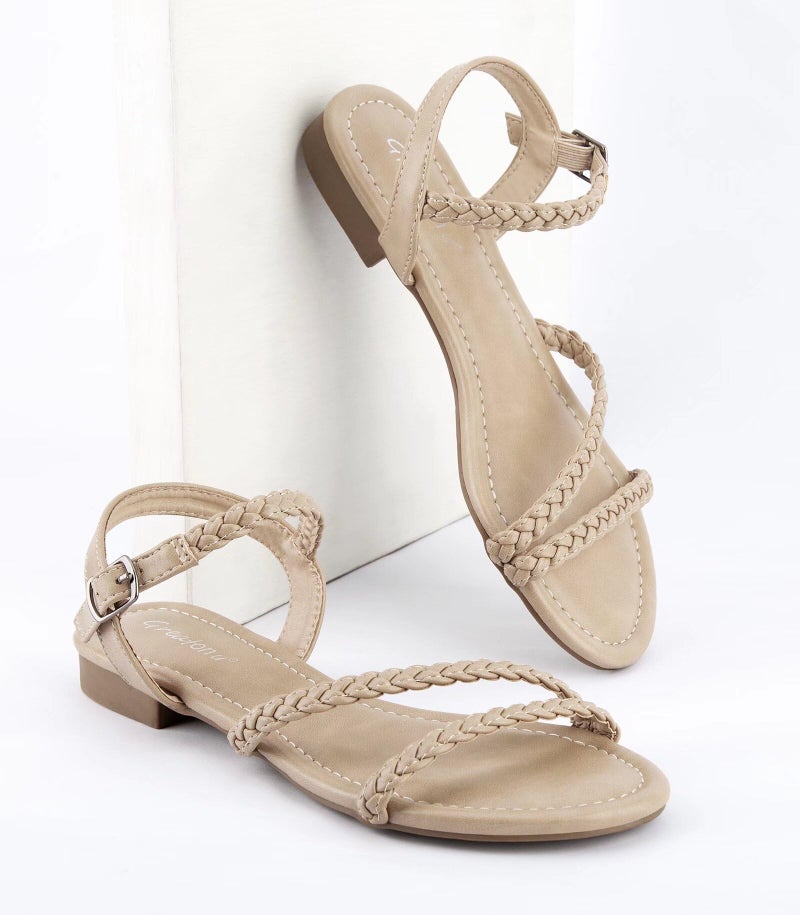 Greatonu Women's Flat Sandals Summer Braided Slip On Gladiator Sandals Open Toe Strappy Slingback Shoes Beige Size 8.5 - Image 3