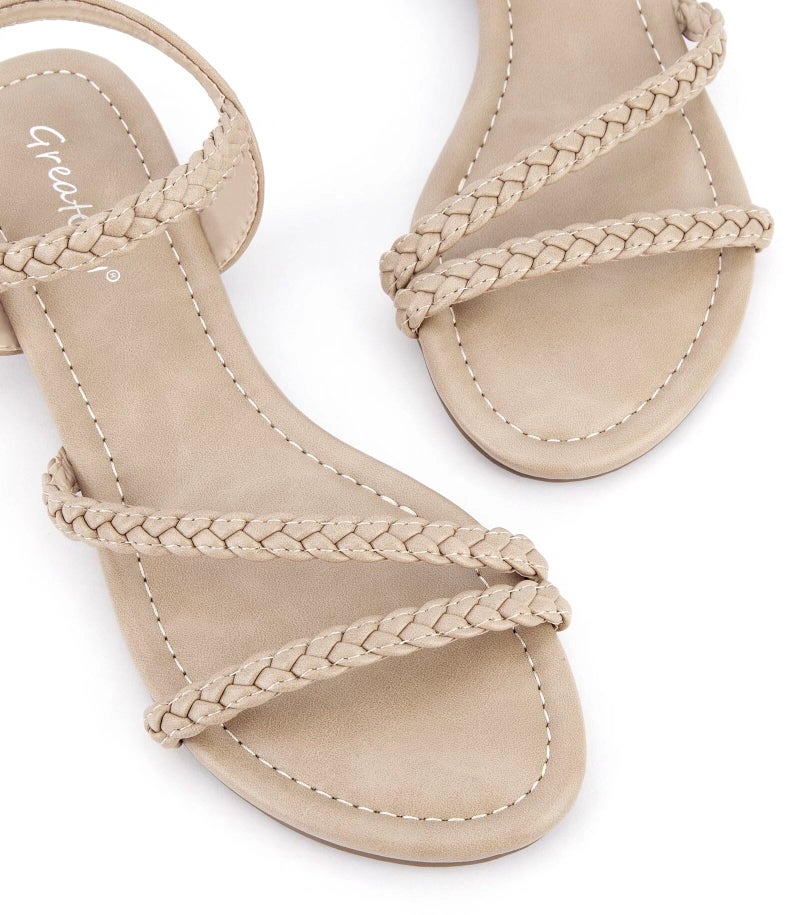 Greatonu Women's Flat Sandals Summer Braided Slip On Gladiator Sandals Open Toe Strappy Slingback Shoes Beige Size 8.5 - Image 5