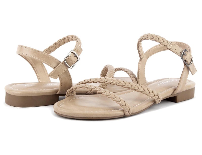 Greatonu Women's Flat Sandals Summer Braided Slip On Gladiator Sandals Open Toe Strappy Slingback Shoes Beige Size 8.5 - Image 4