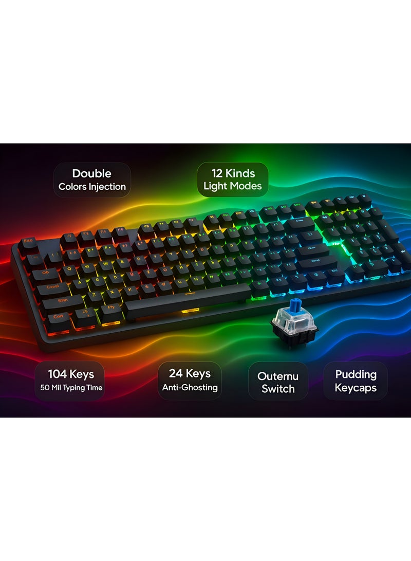 K101 Mechanical RGB Gaming Keyboard with Magnetic Palm Rest, Outemu Switches, Pudding Buttons, 12 Lighting Modes, 104 Keys, 50 Million Keystroke Lifespan - Image 3