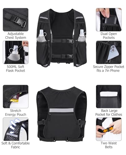 NOOLA Running Vest for Women Men, Lightweight Hydration Vest with Dual 500ML Soft Flasks, Water Backpack Hydration Pack, Adjustable Running Tail Chest Bag for Hiking Race Marathon Cycling (Black) - Image 4