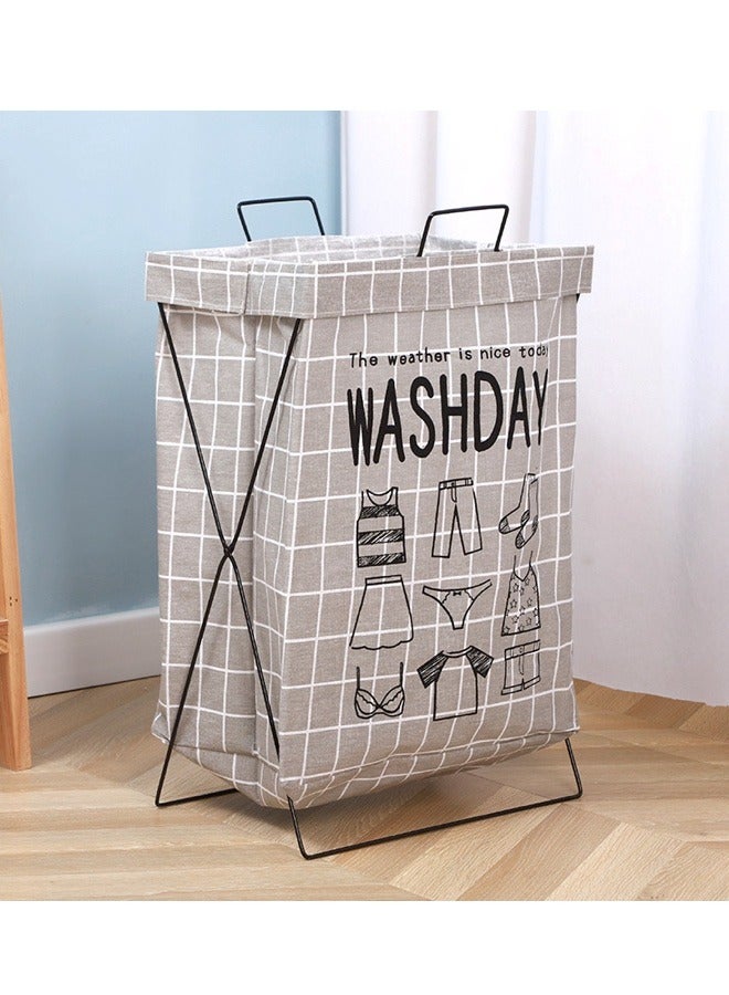 Stylish Large Capacity Foldable Iron Frame Supported Gray Washday Letter & Grid Fabric Laundry Basket  - Image 1