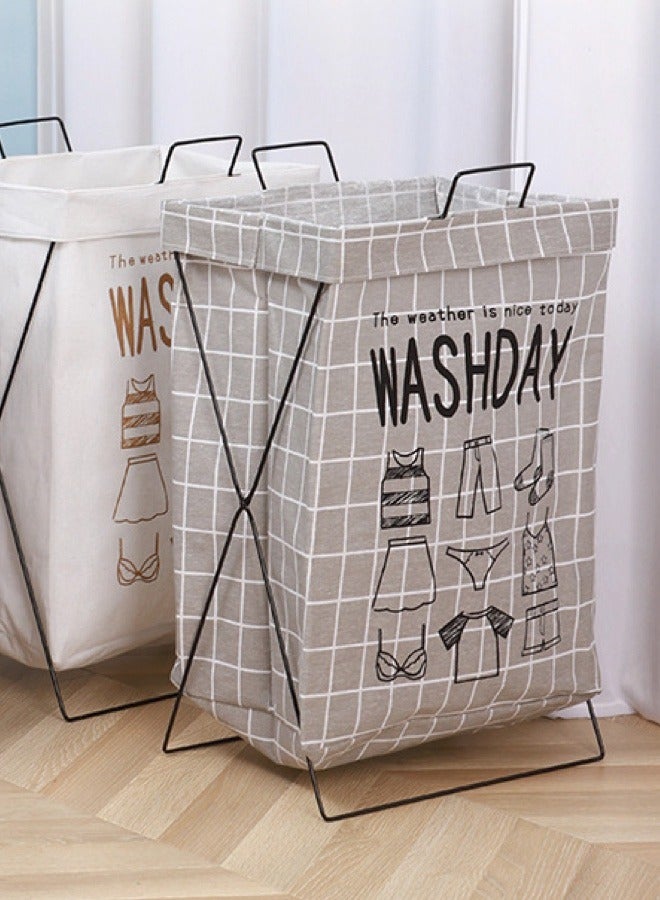 Stylish Large Capacity Foldable Iron Frame Supported Gray Washday Letter & Grid Fabric Laundry Basket  - Image 2