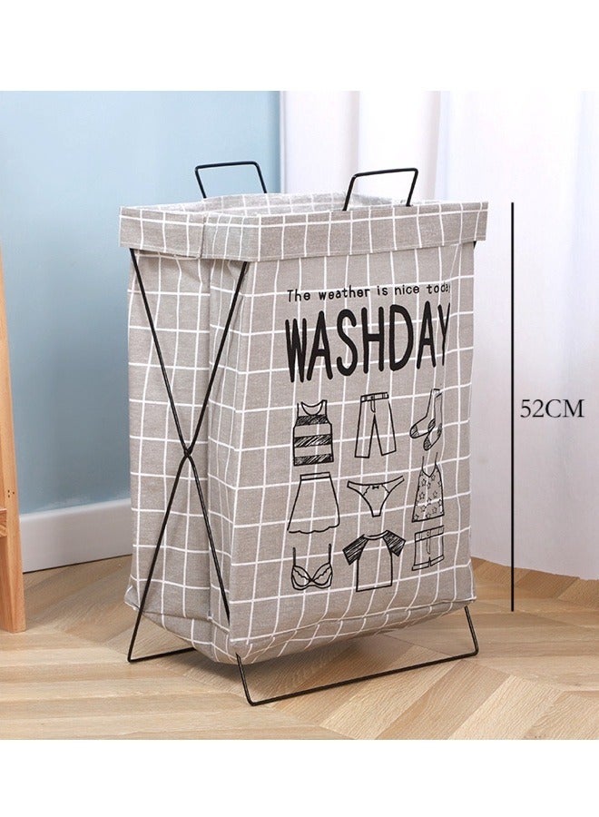 Stylish Large Capacity Foldable Iron Frame Supported Gray Washday Letter & Grid Fabric Laundry Basket  - Image 3