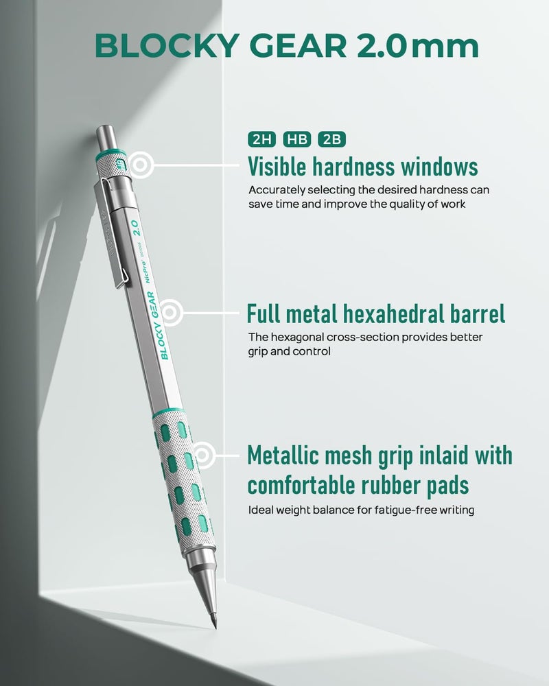 Nicpro Blocky Gear 2.0 mm Mechanical Pencils Set in Case, Metal Pencil with 6 Tubes 2mm Lead Refill (HB 2B 2H 4B 4H & Colors) Sharpeners, Eraser for Professional & Adult Art Writing Drafting Drawing - Image 2