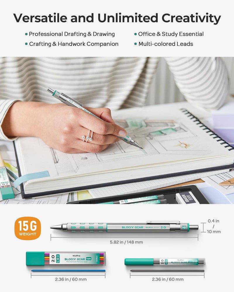 Nicpro Blocky Gear 2.0 mm Mechanical Pencils Set in Case, Metal Pencil with 6 Tubes 2mm Lead Refill (HB 2B 2H 4B 4H & Colors) Sharpeners, Eraser for Professional & Adult Art Writing Drafting Drawing - Image 4