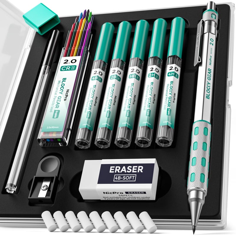 Nicpro Blocky Gear 2.0 mm Mechanical Pencils Set in Case, Metal Pencil with 6 Tubes 2mm Lead Refill (HB 2B 2H 4B 4H & Colors) Sharpeners, Eraser for Professional & Adult Art Writing Drafting Drawing - Image 1