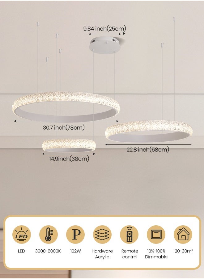 YATAI LIGHTING Modern White LED Chandelier, 102W, Triple Rings (78cm/58cm/38cm), Adjustable Height & Dimming, Remote Control, LED Chandelier Light for Dining Room, Bedroom & Living Room  - Image 3