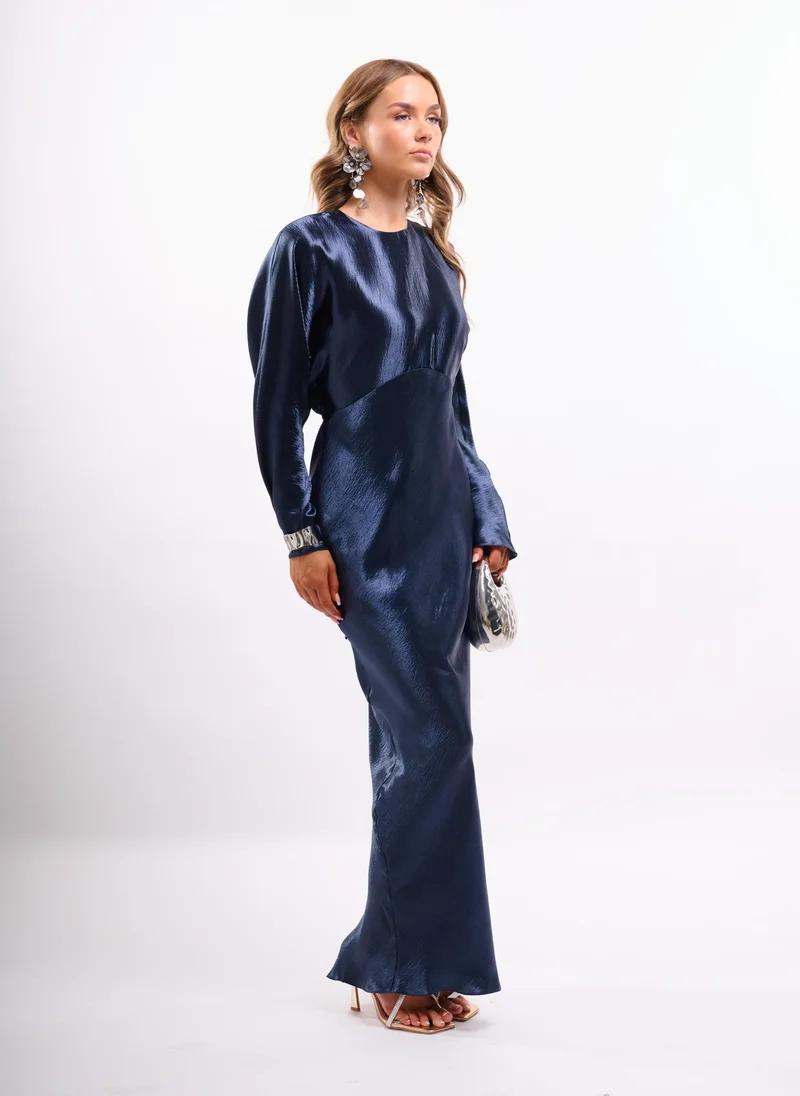 Faia navy blue High Shine Satin Maxi with Tie in Navy for Women | Best Price UAE