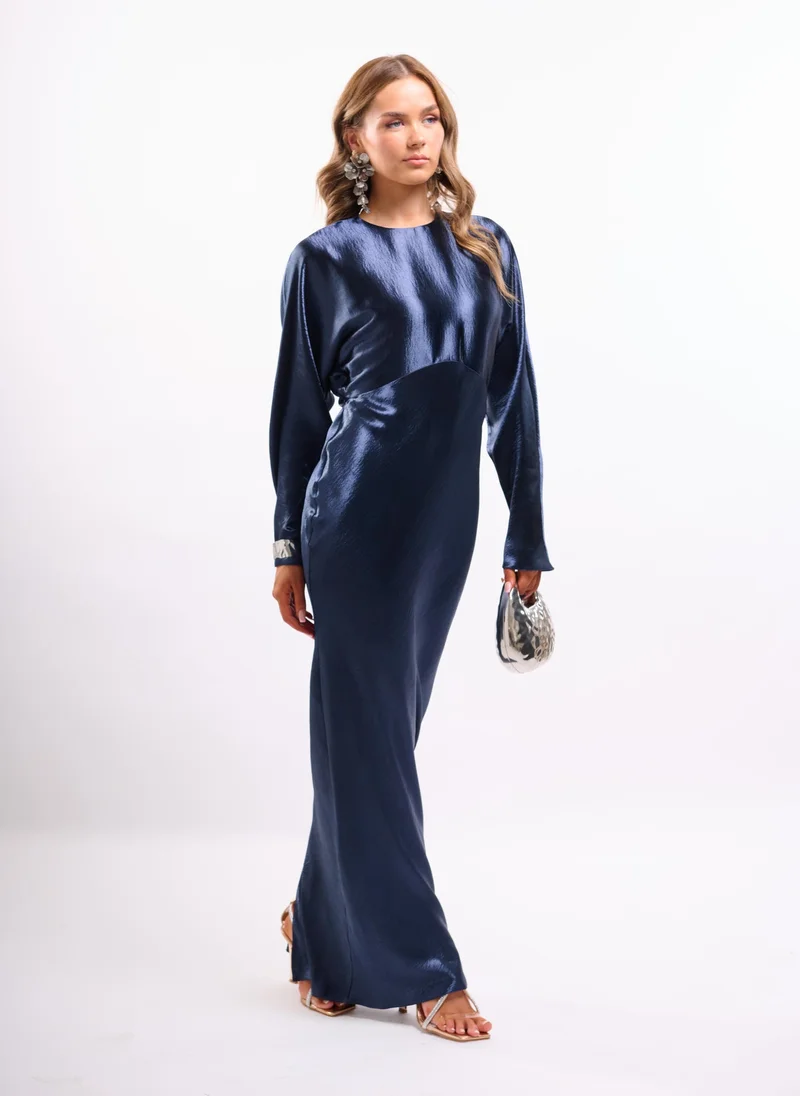 Faia navy blue High Shine Satin Maxi with Tie in Navy for Women | Best Price UAE
