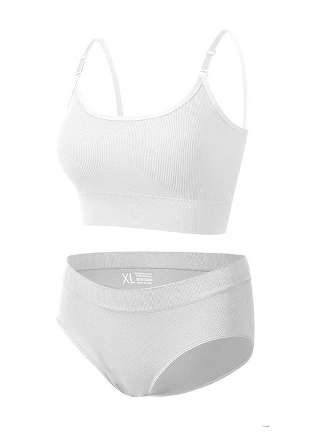 Loquat Women's Solid Color Sport Fitness Lingerie Set 2-piece Seamless Wireless Adjustable Shoulders Vest Bra+Low Waist Briefs Sport Suit White 