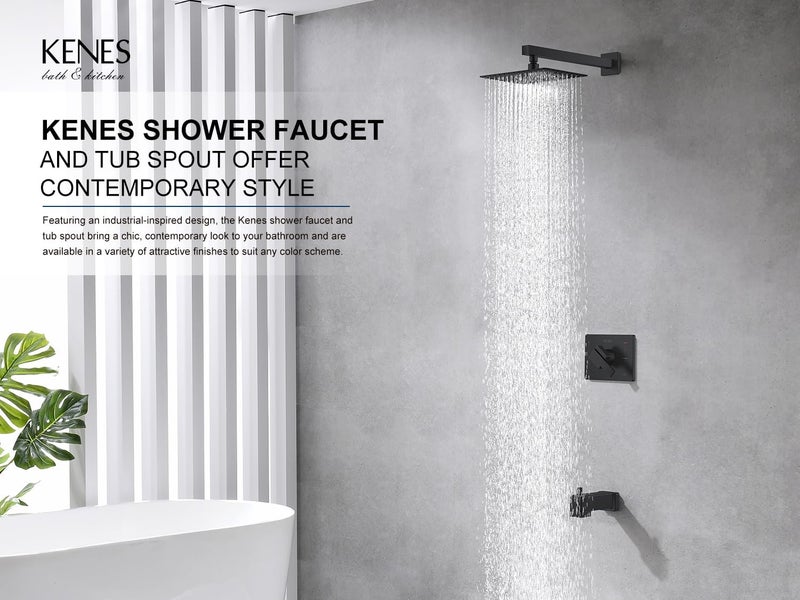 KENES Matte Black Tub Shower Faucet Set Complete with 10-Inch Rainfall Shower Head and Tub Spout, Square Tub and Shower Trim Kit, KE-6024A-2 (Shower Valve Included) - Image 2