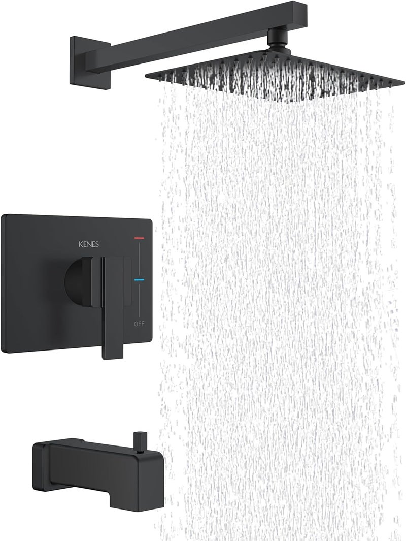 KENES Matte Black Tub Shower Faucet Set Complete with 10-Inch Rainfall Shower Head and Tub Spout, Square Tub and Shower Trim Kit, KE-6024A-2 (Shower Valve Included) - Image 1