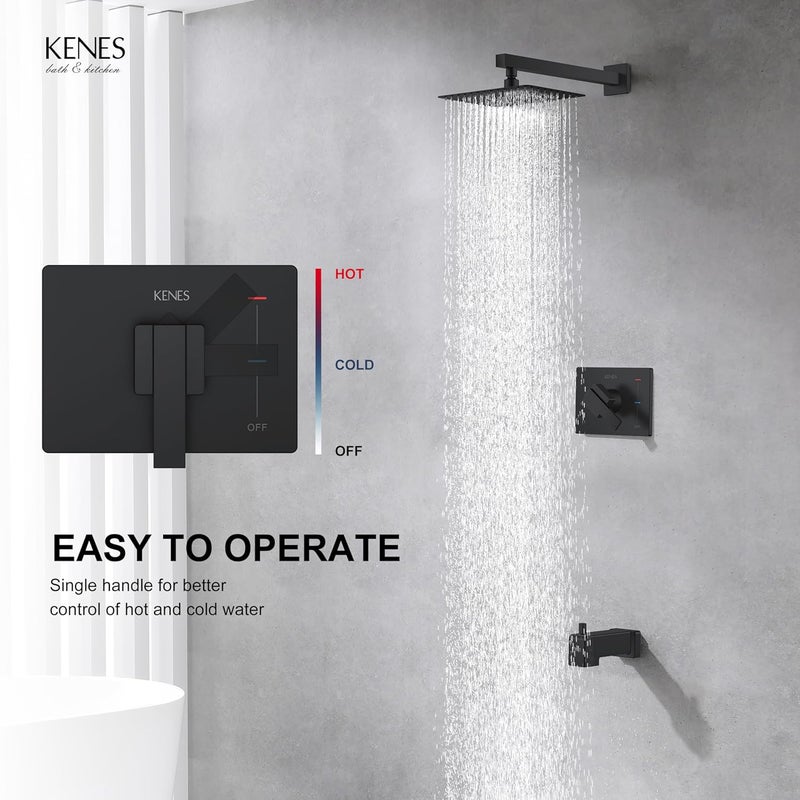 KENES Matte Black Tub Shower Faucet Set Complete with 10-Inch Rainfall Shower Head and Tub Spout, Square Tub and Shower Trim Kit, KE-6024A-2 (Shower Valve Included) - Image 4