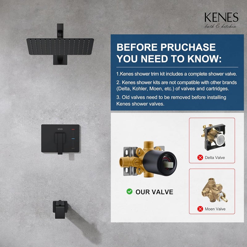 KENES Matte Black Tub Shower Faucet Set Complete with 10-Inch Rainfall Shower Head and Tub Spout, Square Tub and Shower Trim Kit, KE-6024A-2 (Shower Valve Included) - Image 3