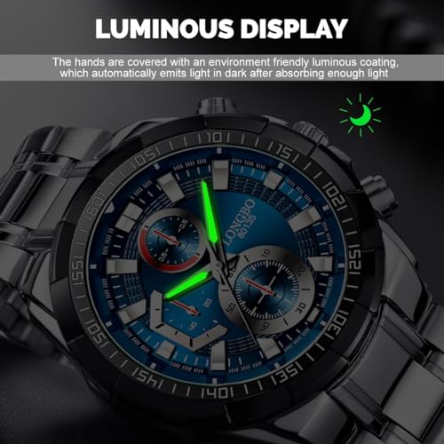 LONGBO Silver Business Casual Stainless Steel Decorative Subdials Big Blue Dial Scratch Resistant Waterproof Watch For Men And Boys - Analogue - Image 4