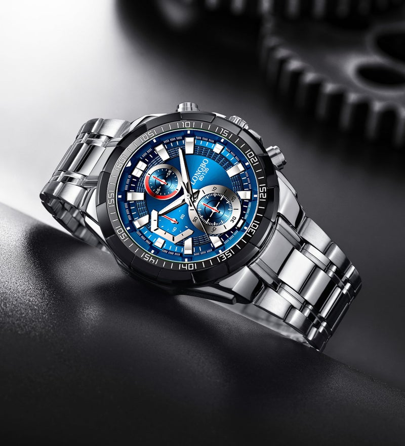 LONGBO Silver Business Casual Stainless Steel Decorative Subdials Big Blue Dial Scratch Resistant Waterproof Watch For Men And Boys - Analogue - Image 2