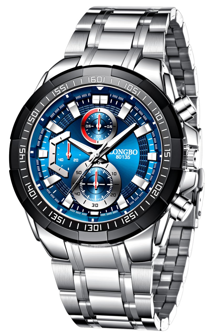 LONGBO Silver Business Casual Stainless Steel Decorative Subdials Big Blue Dial Scratch Resistant Waterproof Watch For Men And Boys - Analogue - Image 1