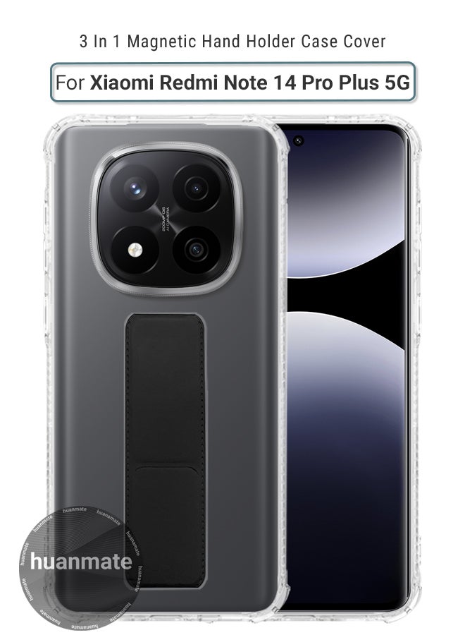 huanmate Xiaomi Redmi Note 14 Pro Plus 5G Magnetic Case With Hand Grip Holder & Kickstand - Strong Grip for Magnetic Car Holder, Stylish & Functional, Ultimate Convenience & Hands-Free Viewing - Clear/Black - Image 1