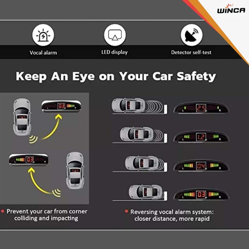 WINCA Car Parking Sensor 4 Sensors Auto Reverse Assistance Backup Radar Detector System White Color Digital Display Double-sided tapes 12v power cable Control Box - Image 5