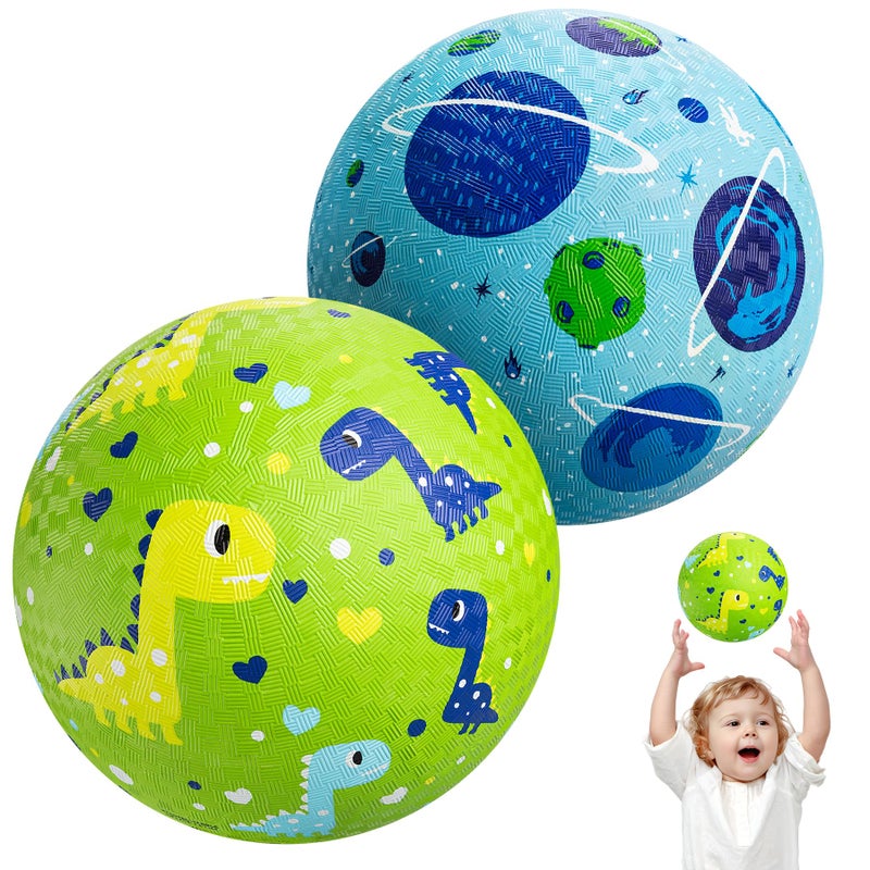 U&C Planet Playground Balls for Toddler 1-3, 2 Pack 6 inches Rubber Balls with Pump, Kickball Outdoor Indoor Game for Kids 1-5 Years, Catoon Balls with Dinosaur Planet for Boys Girls - Image 1