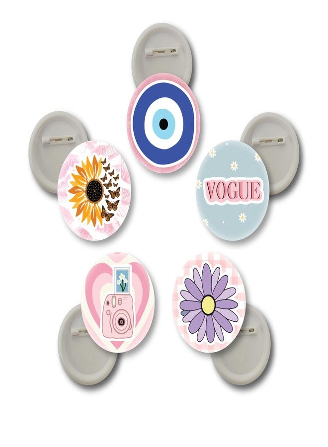 دي2سي مجموعة من 5 شارات أنيقة لامعة بلمسة نهائية لامعة، مقاس 58 مم، بتصميمات زهور باستيلية وعصرية، مثالية لتزيين الحقائب والسترات والقمصان. تتضمن المجموعة دبابيس تثبيت، وتصاميم متنوعة مثل عين الحسد، وعباد الشمس، والكاميرا، والأقحوان، وغيرها. - Image 1