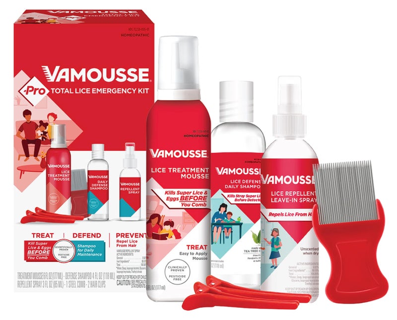 Vamousse PRO Lice Emergency Kit, Includes Lice Treatment Mousse (6 Oz), Daily Shampoo (4 Oz), Repellent Spray (3 Oz), Steel Comb & 2 Clips, for Kids & Adults, Ideal for Daily Use - Image 1