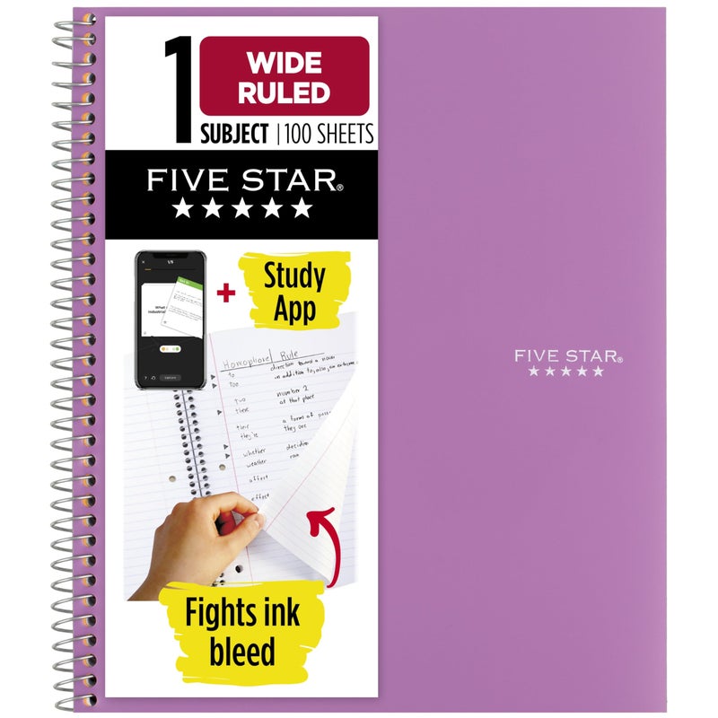 Five Star Spiral Notebook + Study App, 1 Subject, Wide Ruled Paper, 8" x 10-1/2", 100 Sheets, Fights Ink Bleed, Water Resistant Cover, Amethyst Purple (72351) - Image 1