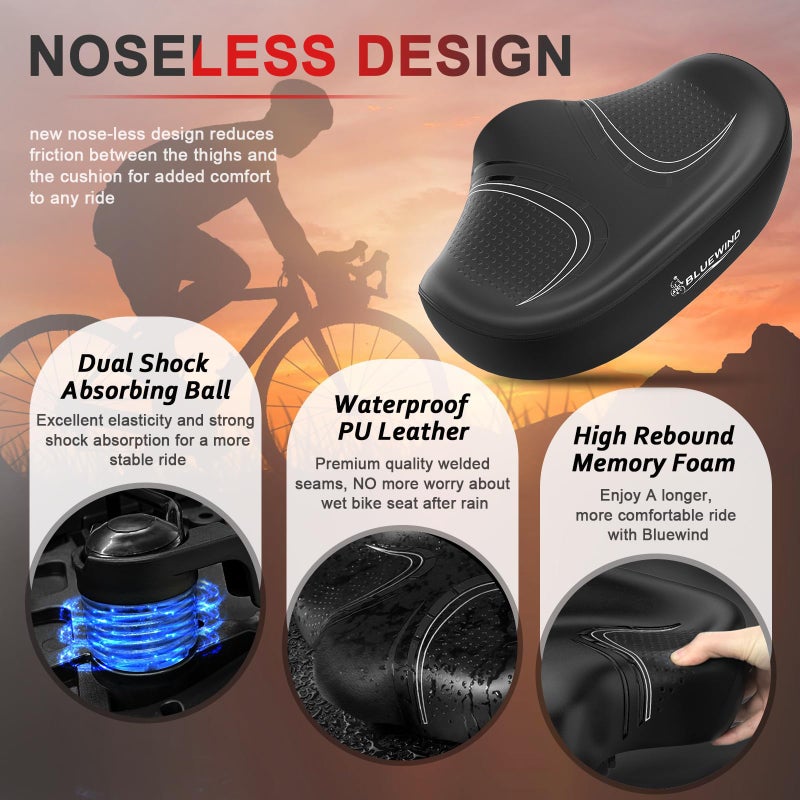 BLUEWIND New Noseless Oversized Bike Seat, Wide Bicycle Saddle Novel Backrest Design for Electric Bike, Fits Most Exercise Bike or Road Stationary Bike Seat Cushion for Men & Women (Black) - Image 2
