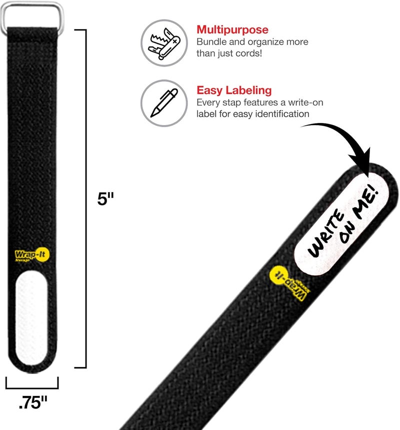Wrap-It Storage Cinch-Straps, 5-in (20-Pack) Black - Hook and Loop Strap with Write on Label for Easy Cord Identification and Cable Management - Image 2