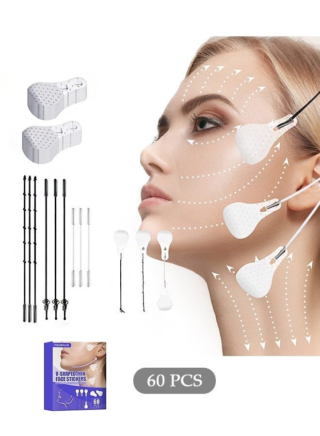 60 Pcs Face Lift Tape Tapes with String, Waterproof High Elasticity V Shape Lift Tape Stickers for Wrinkles Jowls Neck Eye, Quick Face Lifting Band (White) - Image 1