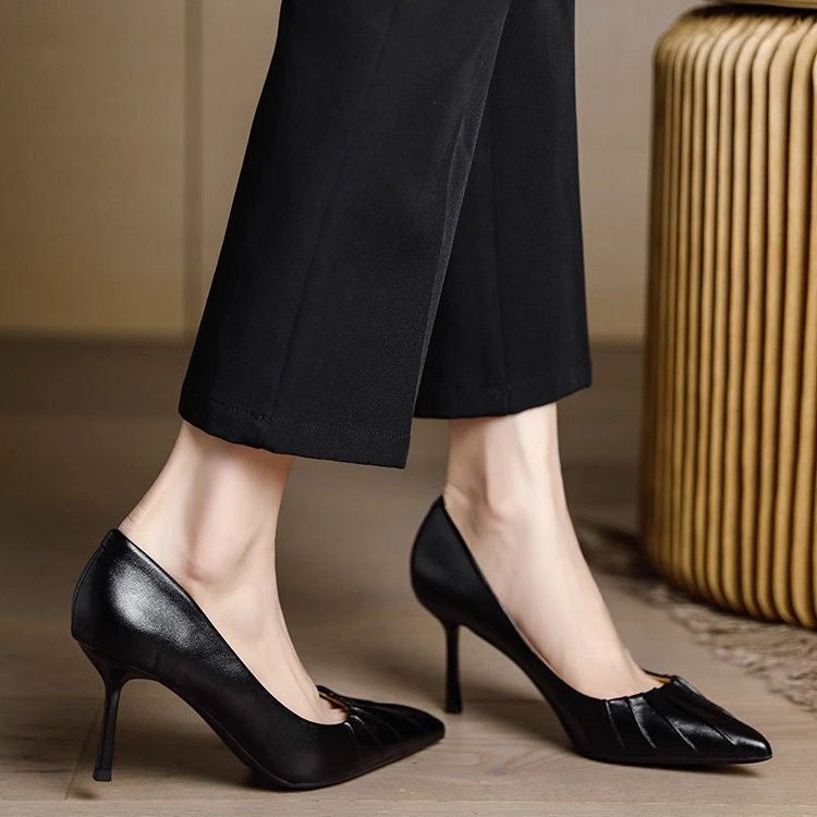 Real Soft Leather Work Black High Heels Womens 2025 New 6cm Stiletto Heel Professional High-grade creamy-white Temperament Single-layer Shoes Off-white - Image 2
