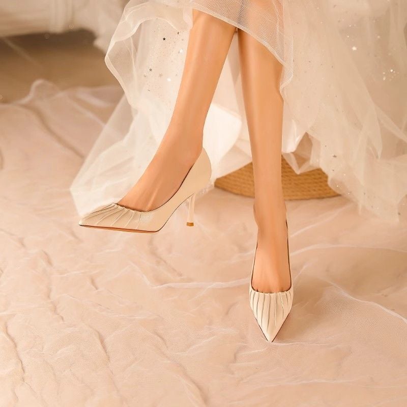 Real Soft Leather Work Black High Heels Womens 2025 New 6cm Stiletto Heel Professional High-grade creamy-white Temperament Single-layer Shoes Off-white - Image 5
