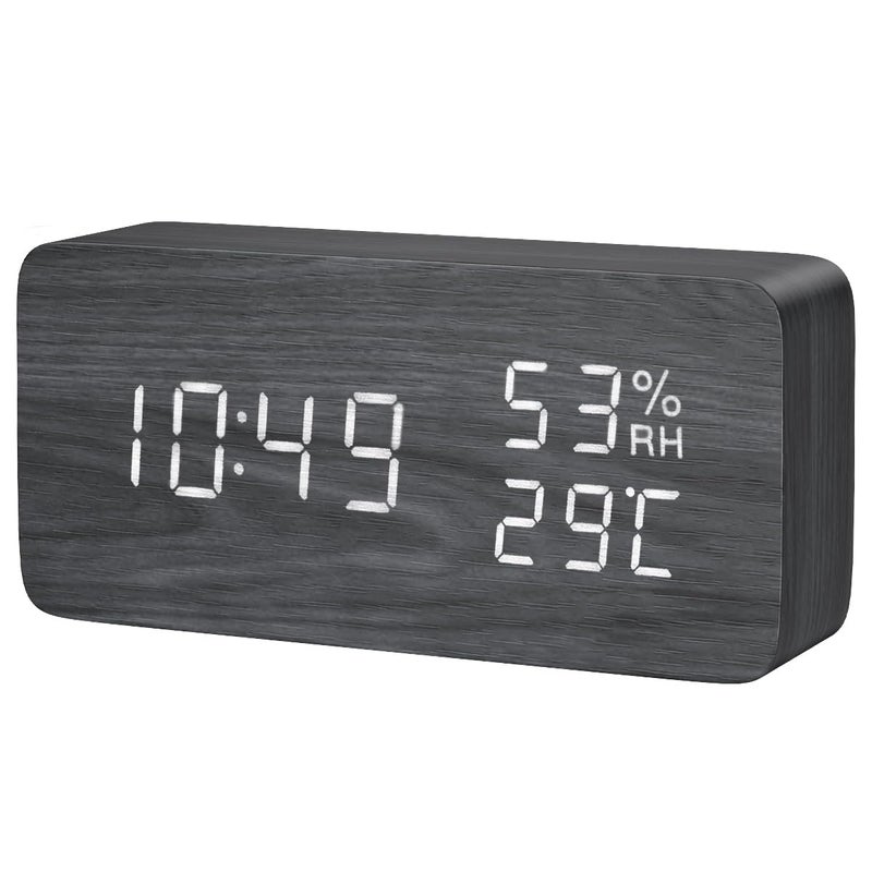 KeeKit Digital Wooden Alarm Clock Electronic LED Desktop Clock with Temperature Humidity Time Display 3 Alarm Settings Voice Control 3 Levels Adjustable Brightness for Home Bedroom Office