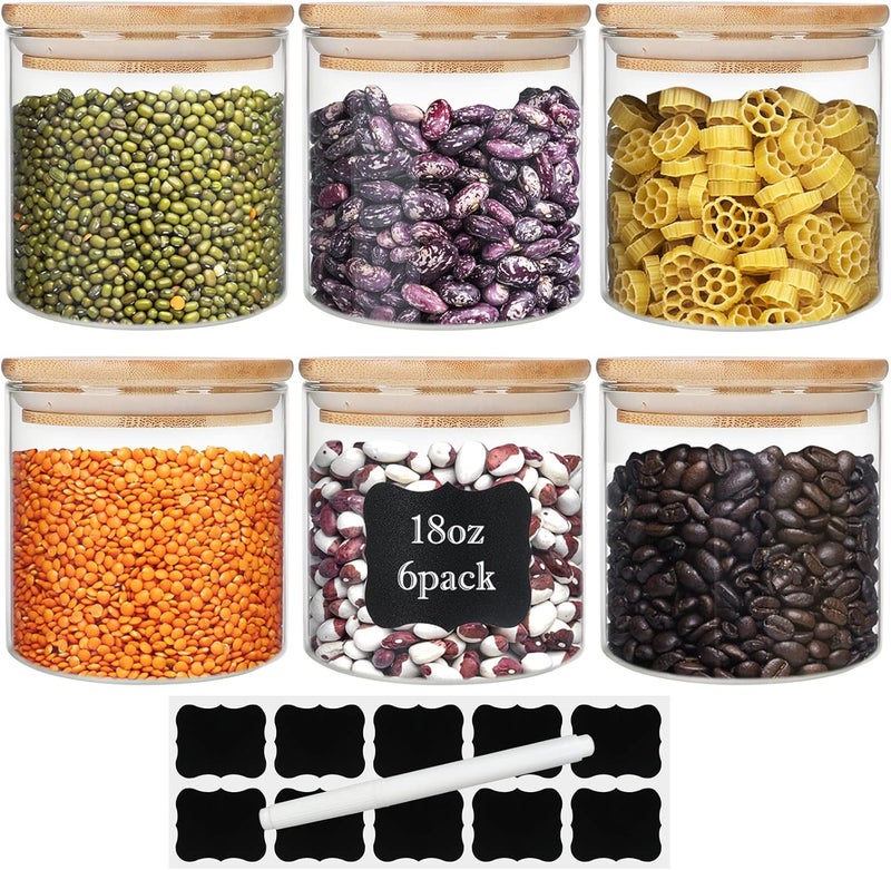 DHSBTLS Glass Jars With Bamboo Lids,Borosilicate Glass Food Storage Containers,Bamboo Lids Storage Containers,Pantry Organization and Storage Jars,Flour,Sugar,Kitchen Canisters Sets (20 oz/600 ml (6 pcs)) - Image 1