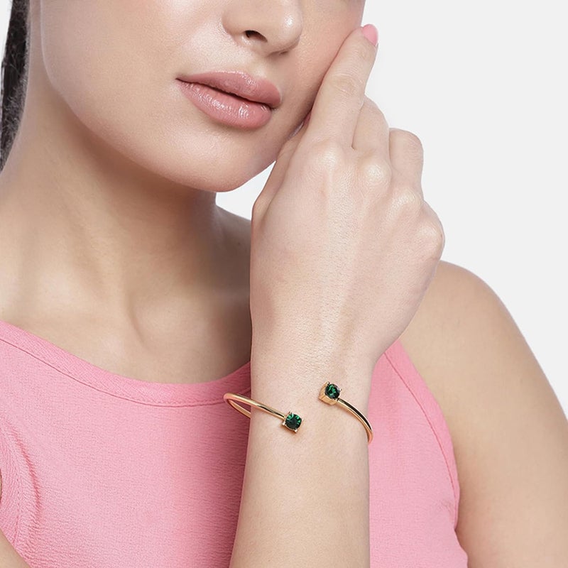 Estele 24 Kt Gold Plated Non-Precious Metal Brass Emerald Solitaire Twin Cuff Bracelet for Women - Image 3
