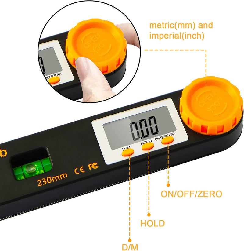 Rainyb Digital Angle Finder Tool 7inch 0-360 degree LED Digital Protractor with Horizontal Vertical Bubble Levels and Ruler Meter Accurate Tools for Carpenters,Woodworkers,Fabricators - Image 3