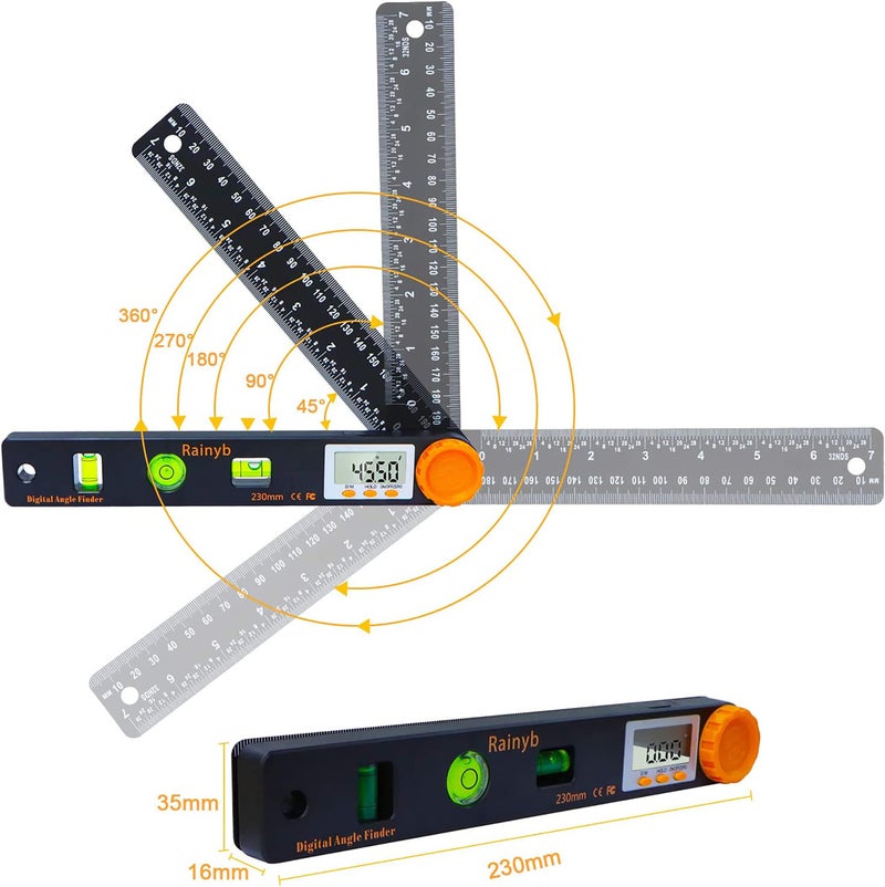 Rainyb Digital Angle Finder Tool 7inch 0-360 degree LED Digital Protractor with Horizontal Vertical Bubble Levels and Ruler Meter Accurate Tools for Carpenters,Woodworkers,Fabricators - Image 4