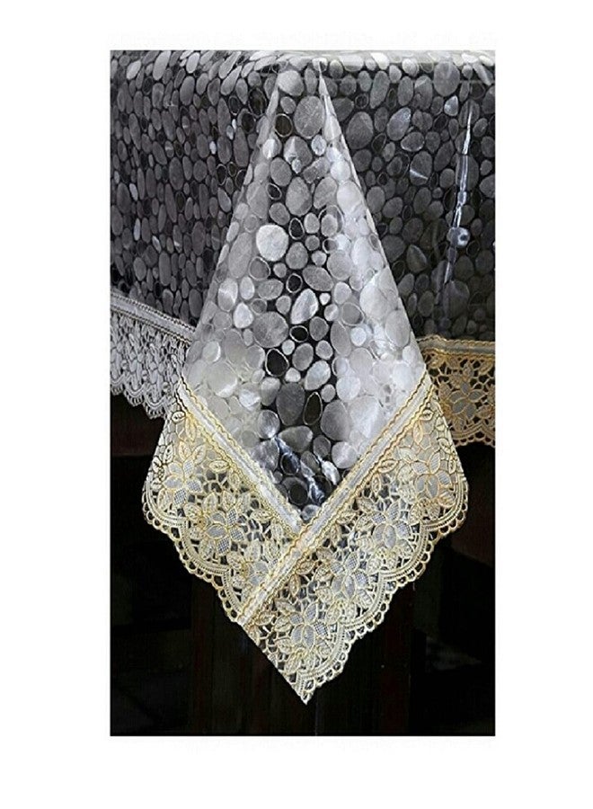 MONKDECOR 3D PVC Transparent Square 4 Seater Dining Table Cover with Golden Lace (LxB - 60X60 Inches) (Golden Color) - Image 3